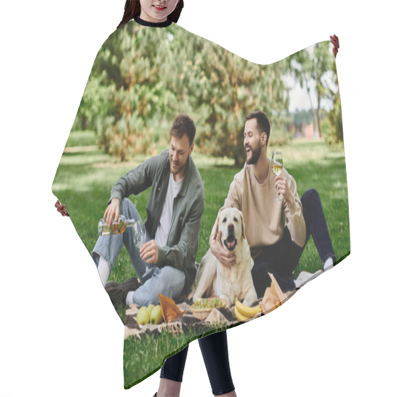 Personality  A Bearded Gay Couple Enjoys A Picnic With Their Labrador Dog In A Lush Green Park. The Couple Is Laughing And Enjoying A Bottle Of Wine, Creating A Happy And Relaxed Atmosphere. Hair Cutting Cape