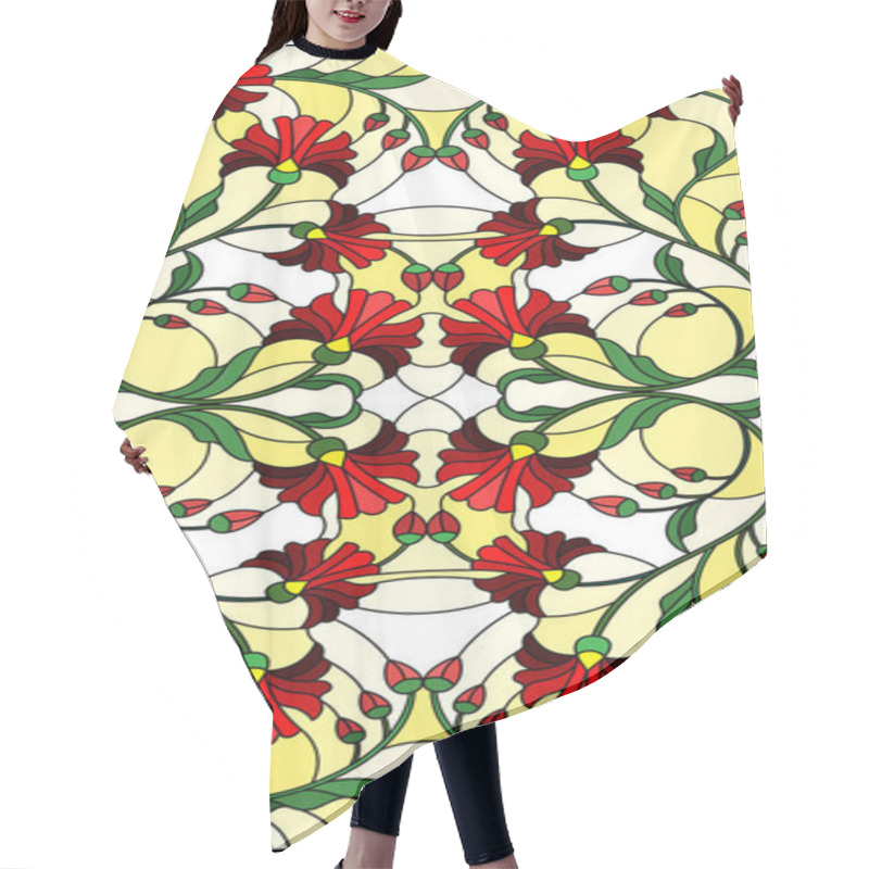 Personality  Illustration In Stained Glass Style With  Red Flowers, Leaves And Buds  On A Yellow Background, Symmetrical Image, Vertical Orientation Hair Cutting Cape