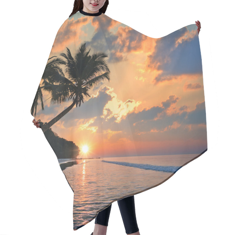 Personality  Tropical Beach With Palm Trees At Sunset Time Hair Cutting Cape