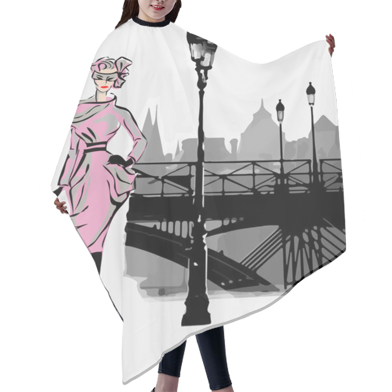 Personality  Fashion Models In Sketch Style Fall Winter With Paris City Background Hair Cutting Cape