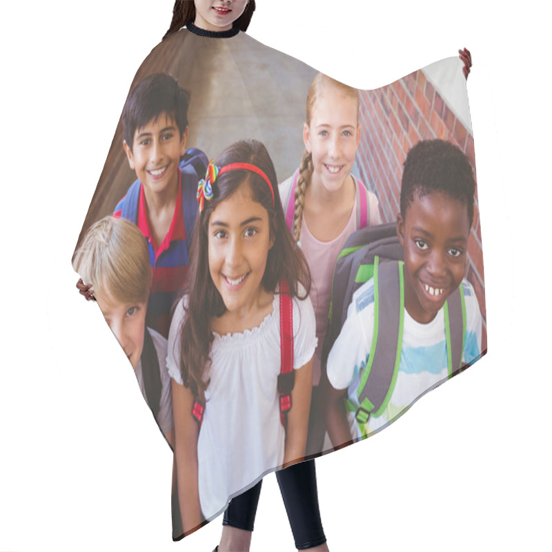 Personality  Smiling Little School Kids In School Corridor Hair Cutting Cape