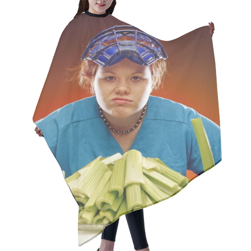 Personality  Woman In Sports Gear Eating Celery Hair Cutting Cape