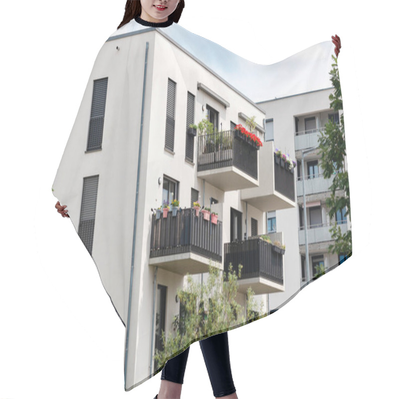 Personality  Modern Facade Building With  Modern Balconies Of Multifamily Apartment Buildings. Newly Residential Low Rise White Apartment Block Close Up. Hair Cutting Cape