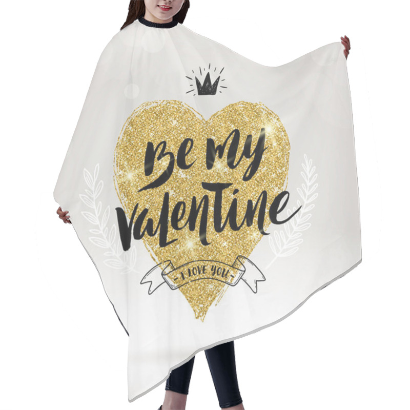 Personality  Valentine's Day Hand Drawn Calligraphy, Doodle Elements And Glitter Gold Heart. Vector Illustration. Hair Cutting Cape