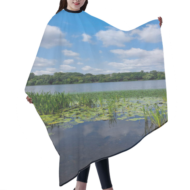 Personality  Peaceful Lake Scene Featuring Water Lilies, Tall Grass, And A Forested Shoreline Under A Vibrant Blue Sky With Fluffy White Clouds. Hair Cutting Cape