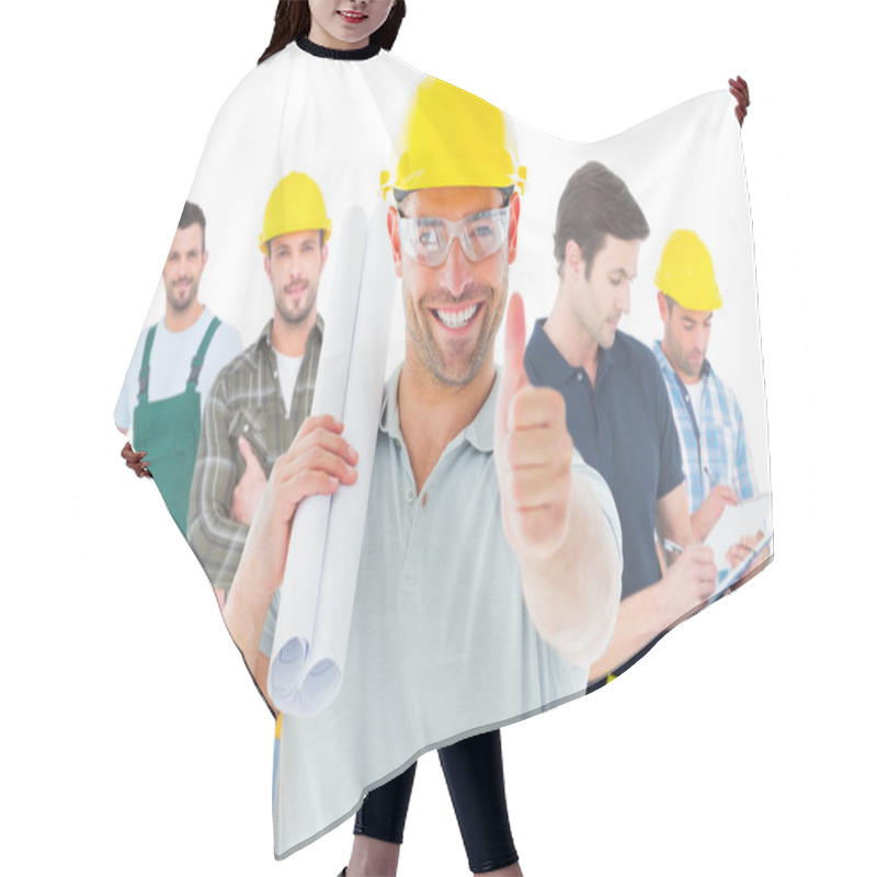 Personality  Smiling Architect With Plan Hair Cutting Cape