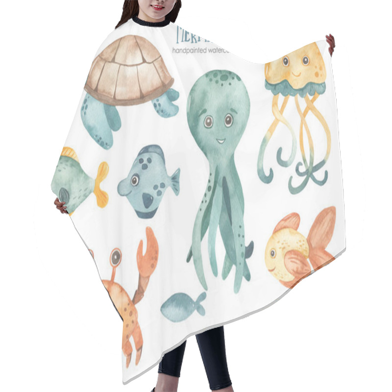 Personality  Watercolor Clipart With Underwater Creatures, Sea Animals, Sea Turtle, Octopus, Fish, Crab, Jellyfish, Shell Hair Cutting Cape