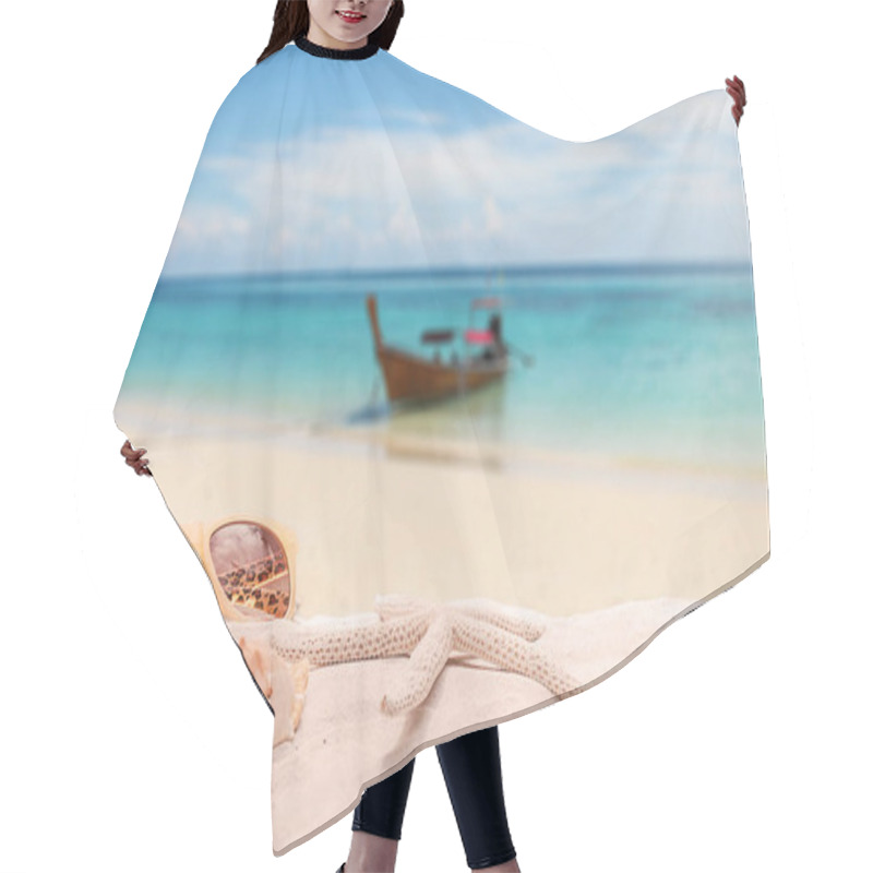 Personality  Summer Vacation Concept With Accessories On Sandy Beach Hair Cutting Cape