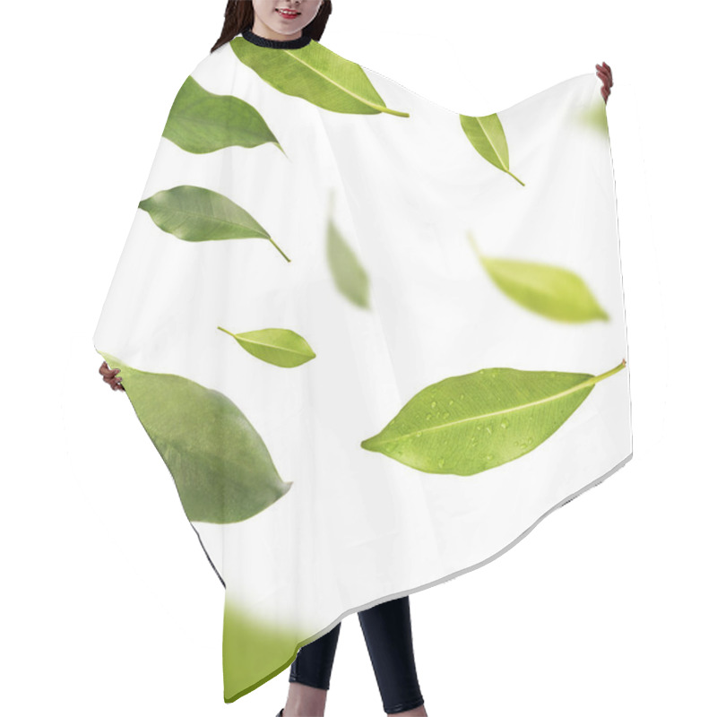 Personality  Vividly Flying In The Air Green Tea Leaves Isolated On White Bac Hair Cutting Cape