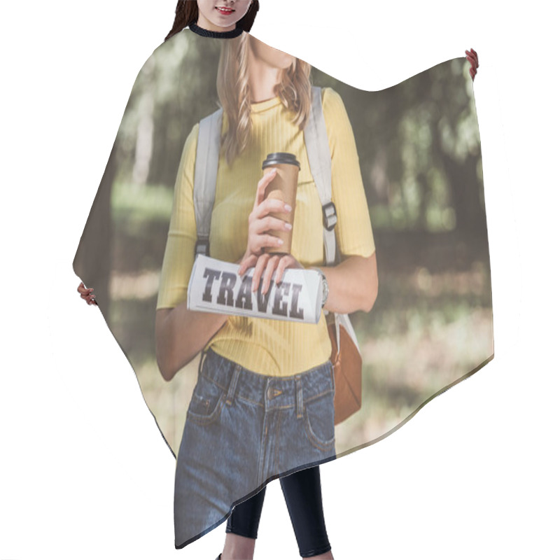 Personality  Cropped Shot Of Woman With Coffee To Go And Travel Newspaper In Park Hair Cutting Cape