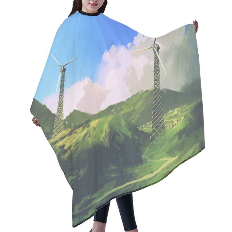 Personality  Landscape With Wind Turbines On The Green Mountain Hair Cutting Cape