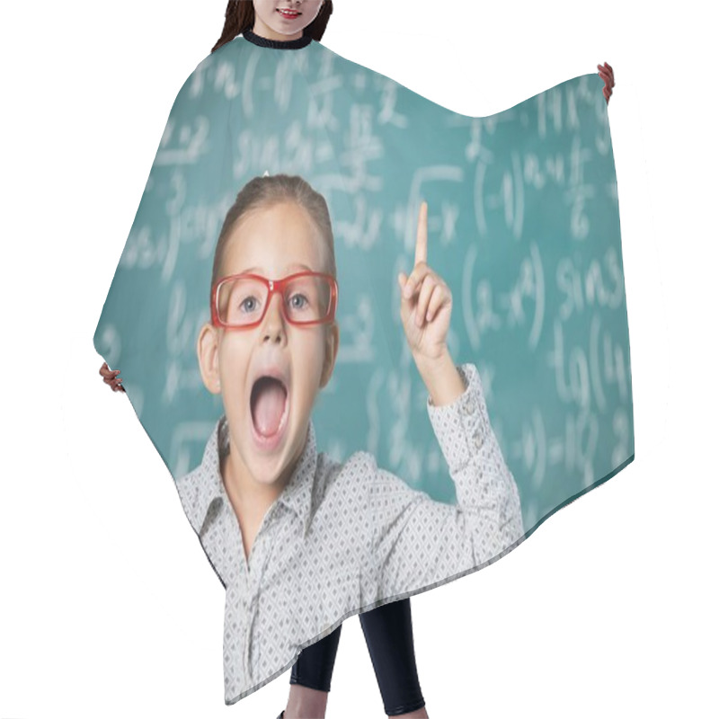 Personality  Photo Of Young Cute Girl In Red Glasses Study At School On Green Chalkboard Background Hair Cutting Cape