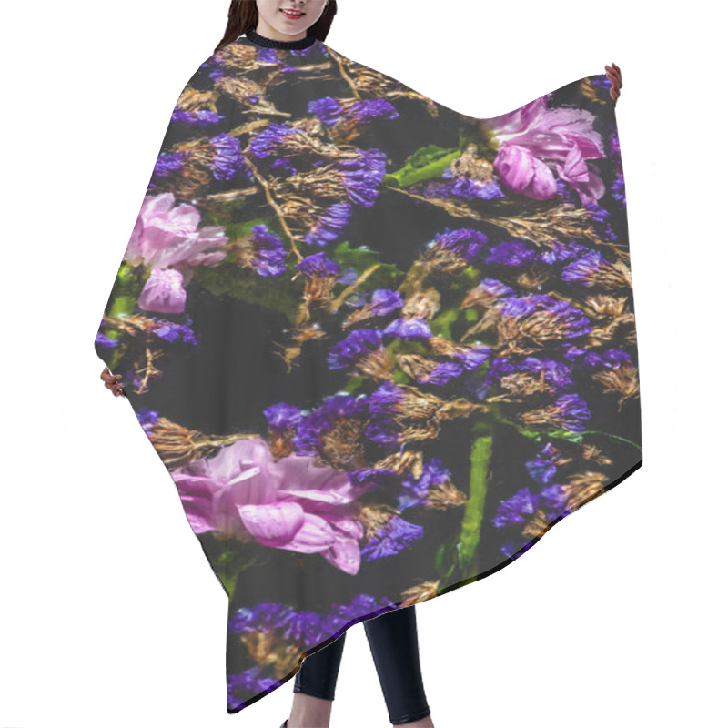 Personality  Top View Of Beautiful Pink And Blue Flowers On Black Hair Cutting Cape