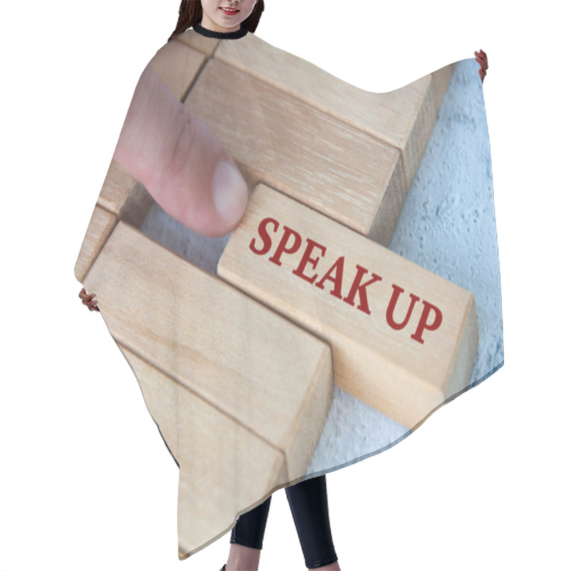 Personality  Finger Pushing Wooden Block With Written Text Speak Up. Courage And Speak Up Concept. Hair Cutting Cape