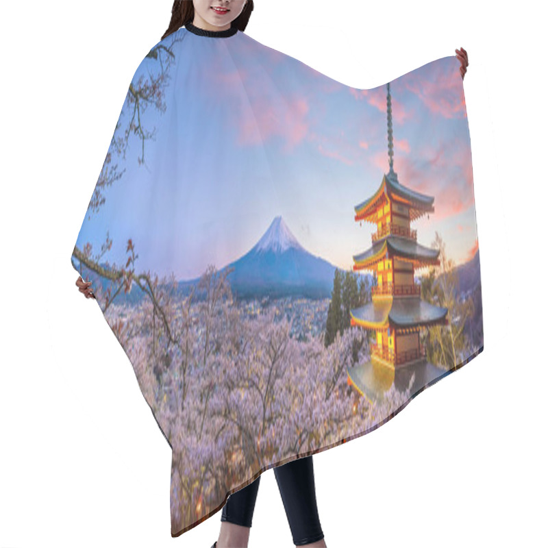 Personality  Mountain Fuji And Chureito Red Pagoda With Cherry Blossom Sakura At Sunset Hair Cutting Cape