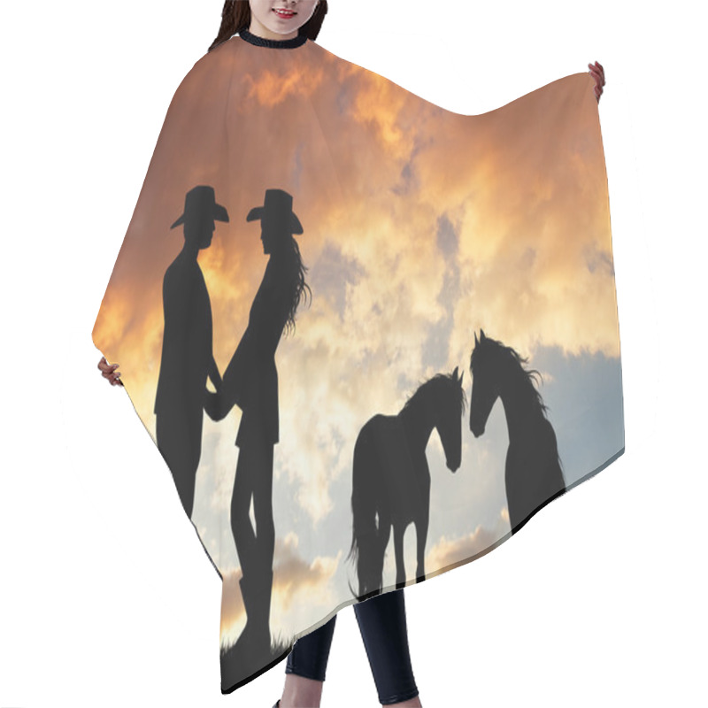 Personality  Couple Of Cowboys With Horse At Sunset Hair Cutting Cape