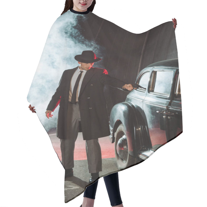 Personality  Handsome Gangster In Hat Holding Gun Near Retro Car And Smoke Hair Cutting Cape