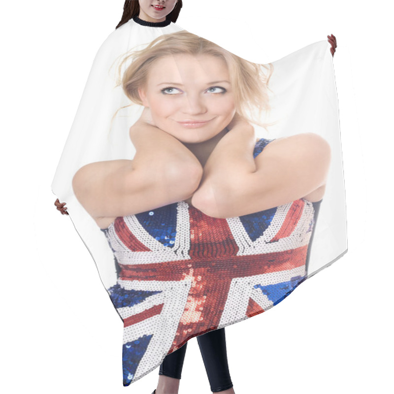 Personality  Smiling Blonde Wearing Union-flag Shirt Hair Cutting Cape