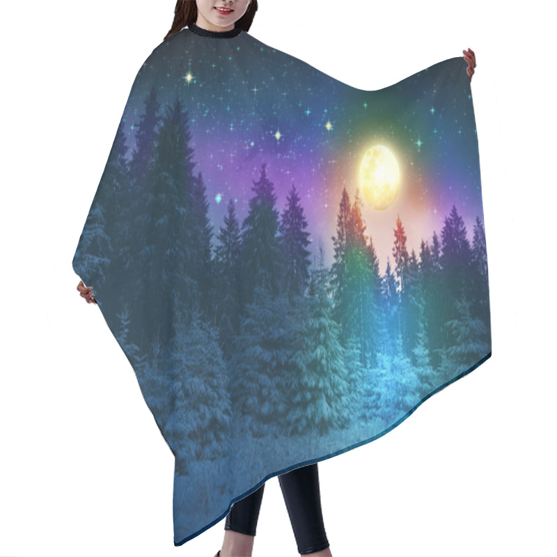 Personality  Winter Landscape With Snow Covered Fir Trees And Full Moon. Hair Cutting Cape