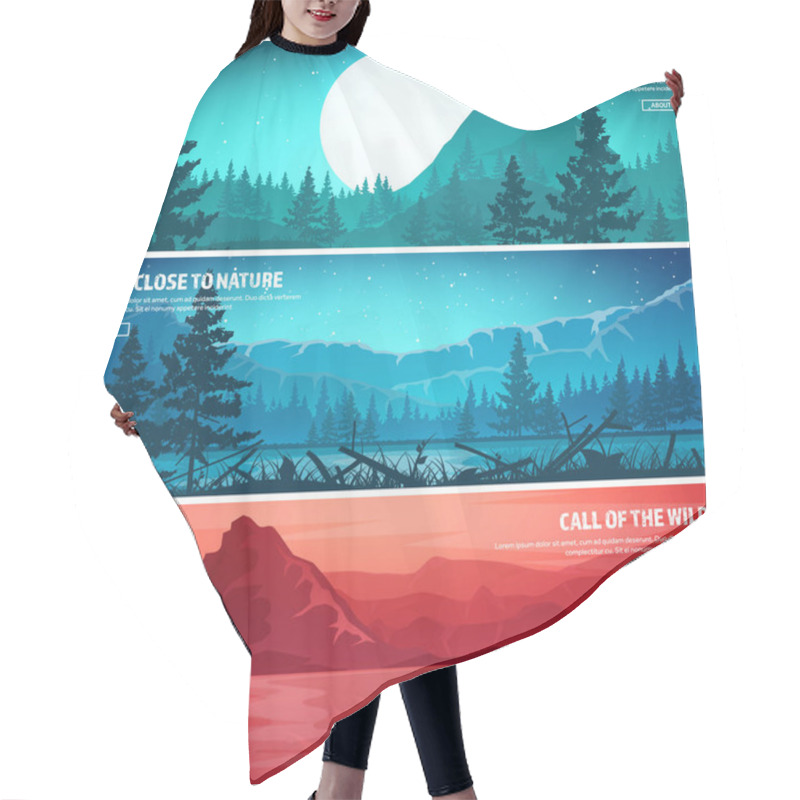 Personality  Mountains And Forest. Wild Nature Landscape. Travel And Adventure.Panorama. Into The Woods. Horizon Line.Trees,fogfog. Hair Cutting Cape