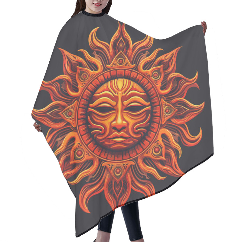 Personality  Abstract Stylized Mayan Ancient Sun Symbol On A Dark Background. Realistic Sun Icon Design On Dark Background. Vector Illustration Hair Cutting Cape