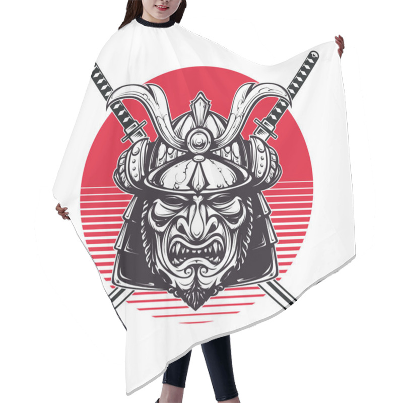 Personality  Samurai Mask And Crossed Katana Swords. Red Sun Behind. T-shirt Print Design. Vector Graphic. Hair Cutting Cape