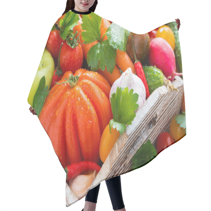 Personality  Harvest Of Fresh Seasonal Vegetables In A Wooden Box, Close-up Hair Cutting Cape