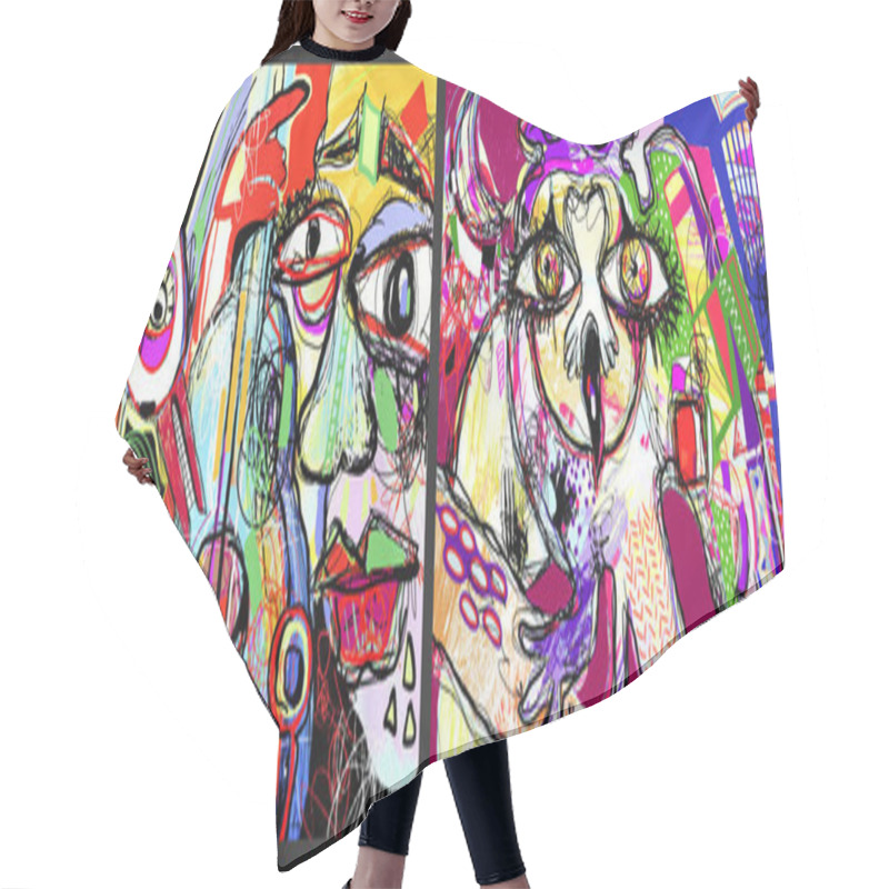 Personality  Set Of Two Pop Art Original Digital Painting - Men With Guitar And Owl Bird Hair Cutting Cape