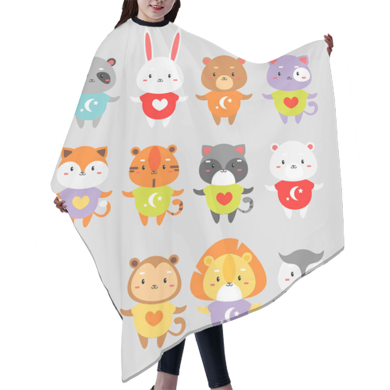 Personality  Cute Animals Flat Vector Illustrations Set. Little Rabbit, Fox, Tiger In Color Pajamas Isolated Cartoon Characters. Bear, Cat, Monkey Children Toys Cliparts Pack. Wild Mammals Collection. Hair Cutting Cape