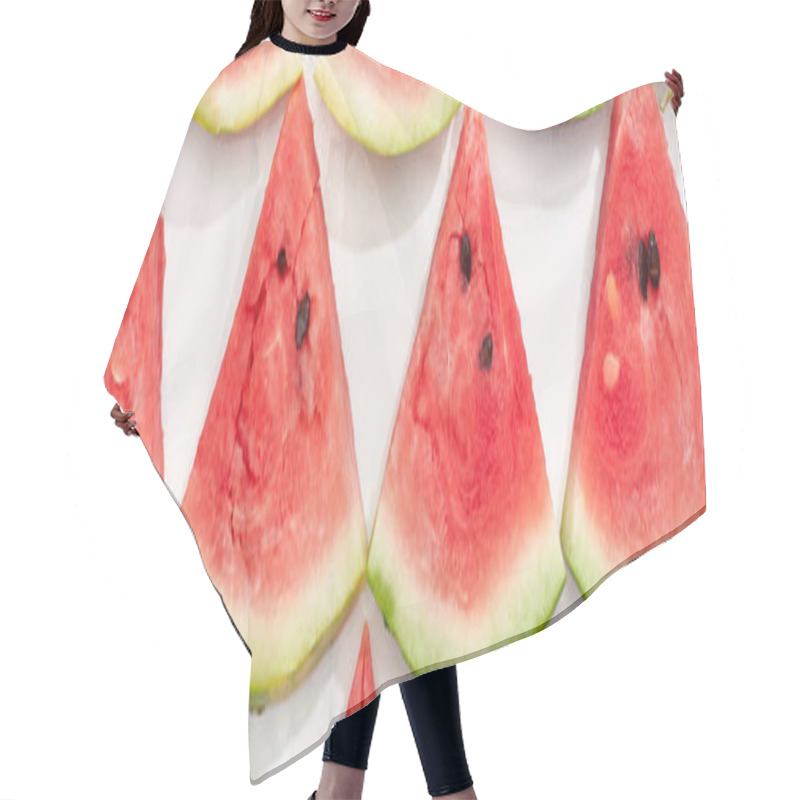 Personality  Panoramic Shot Of Fresh Watermelon Slices In Rows On White Background Hair Cutting Cape