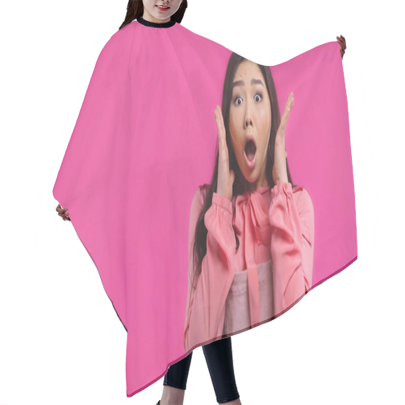 Personality  Shocked And Young Asian Woman With Opened Mouth Gesturing Isolated On Pink Hair Cutting Cape