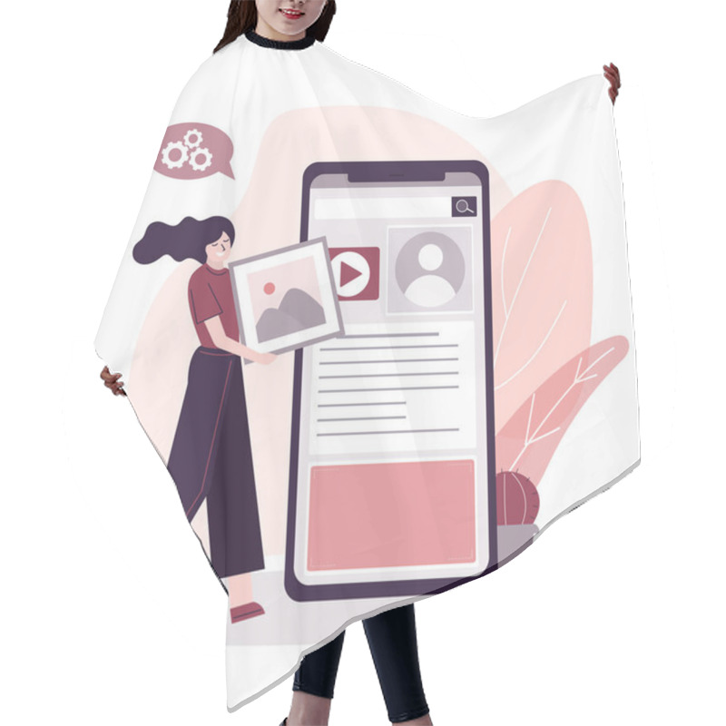 Personality  User Girl Holding Picture And Change Personal Smartphone Settings. Female Character Adjusts Profile In Mobile Phone. Customization App Settings. Website User Interface. Flat Vector Illustration Hair Cutting Cape