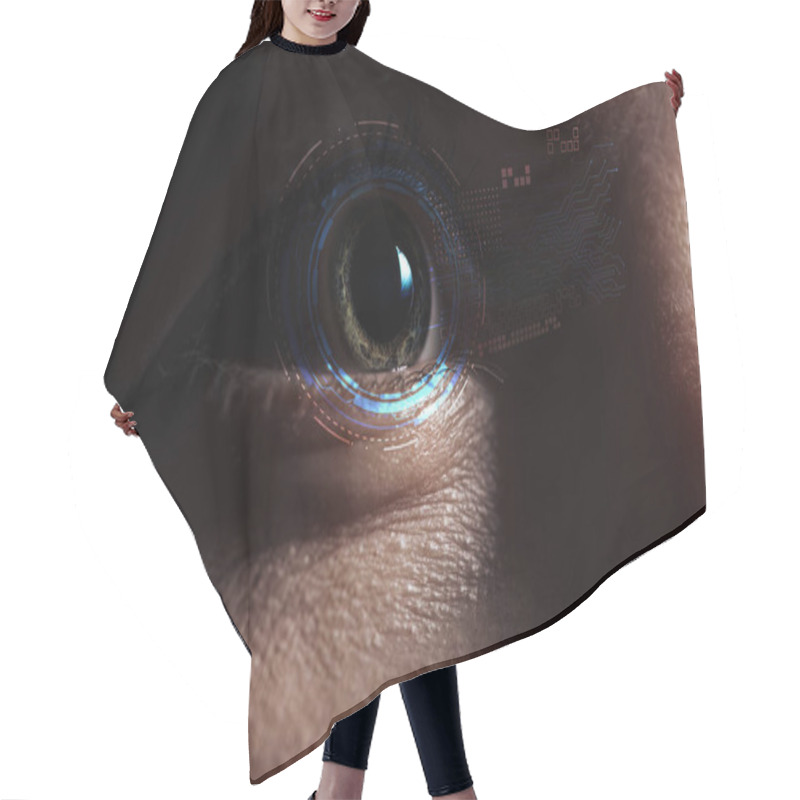 Personality  Close Up View Of Human Eye With Data Illustration In Darkness, Robotic Concept Hair Cutting Cape