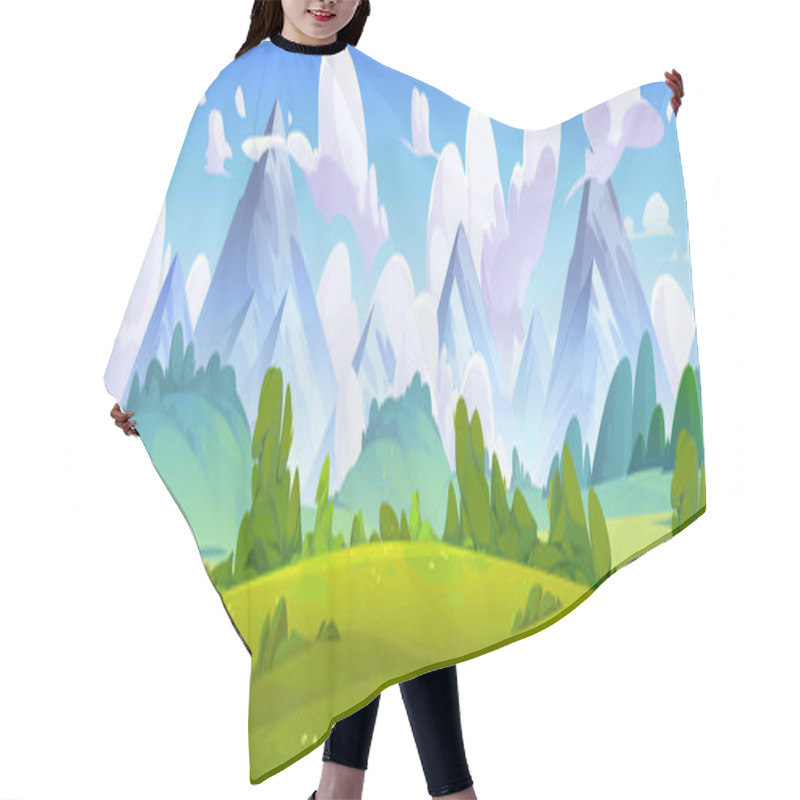 Personality  Summer Natural Landscape With Green Grass, Bushes And Trees On Meadow In Foot Of High Mountains. Cartoon Vector Panoramic Scenery With Grassland Near Hills, Blue Sky With Clouds. Countryside Scene. Hair Cutting Cape