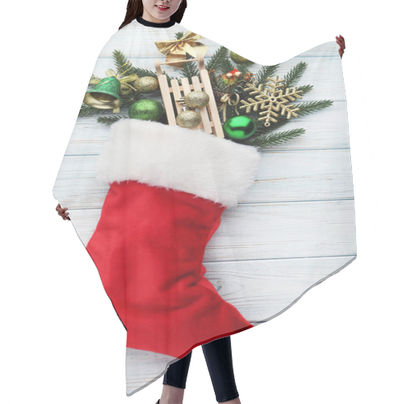 Personality  Red Stocking With Fir-tree Branches And Christmas Decorations On Wooden Table Hair Cutting Cape