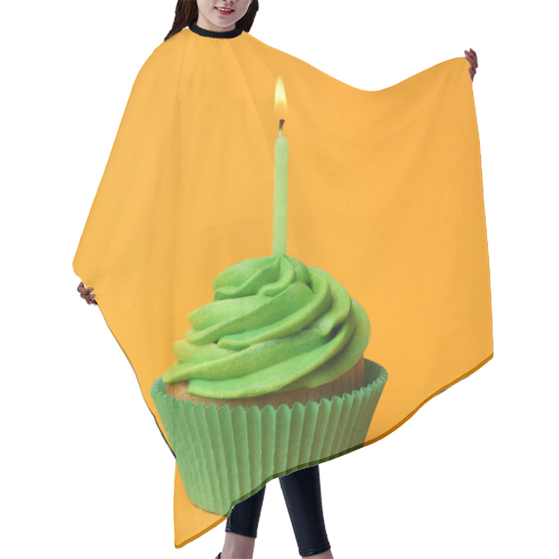 Personality  Delicious Birthday Cupcake With Green Cream And Burning Candle On Yellow Background Hair Cutting Cape