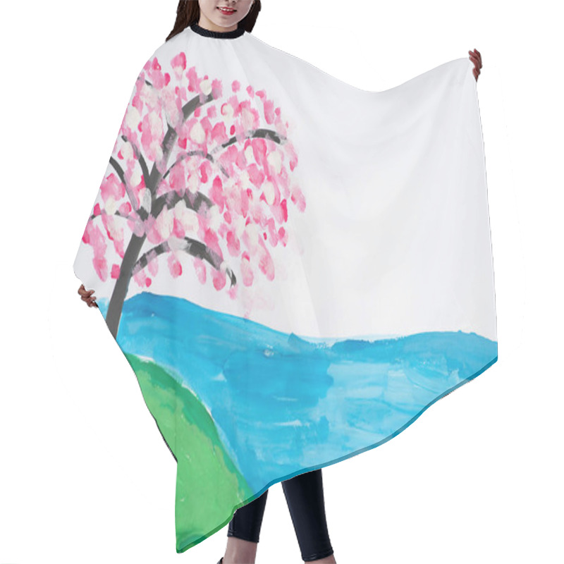 Personality  Child's Drawing Of Sakura On The River Bank. Spring Landscape With A Flowering Tree And A Lake In An Abstract. Watercolor Painting. Hair Cutting Cape