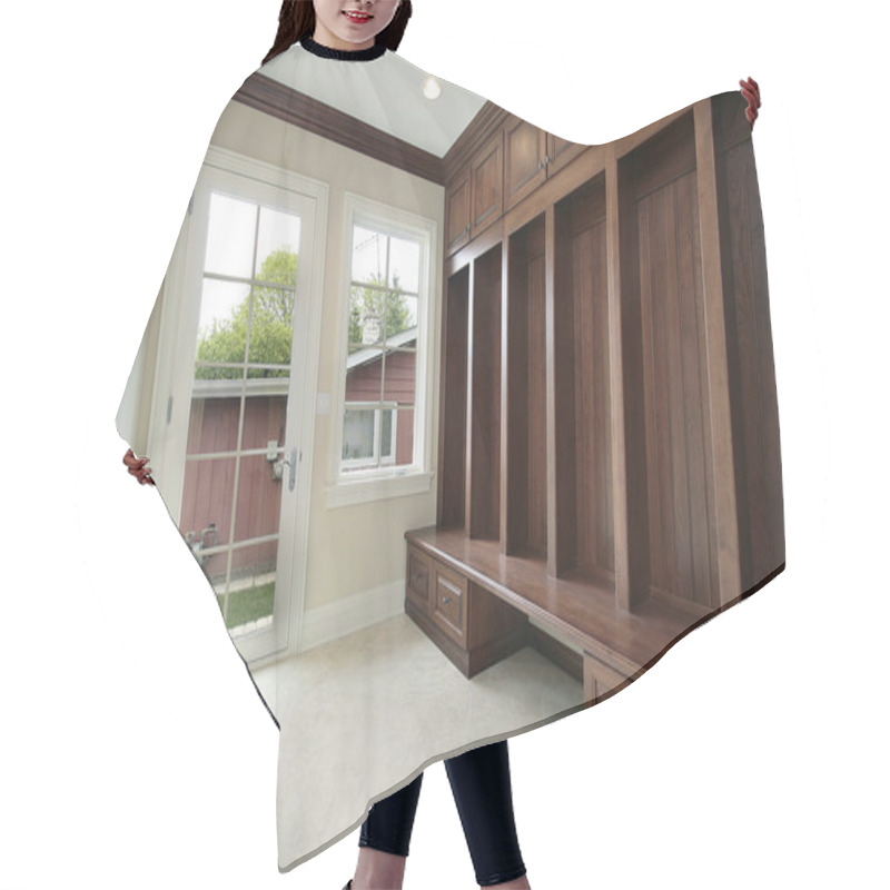 Personality  Mud Room With Wood Cabinet Hair Cutting Cape