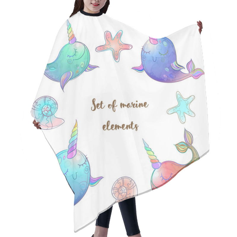 Personality  Set Of Fabulous Whales Unicorns. Vector. Hair Cutting Cape