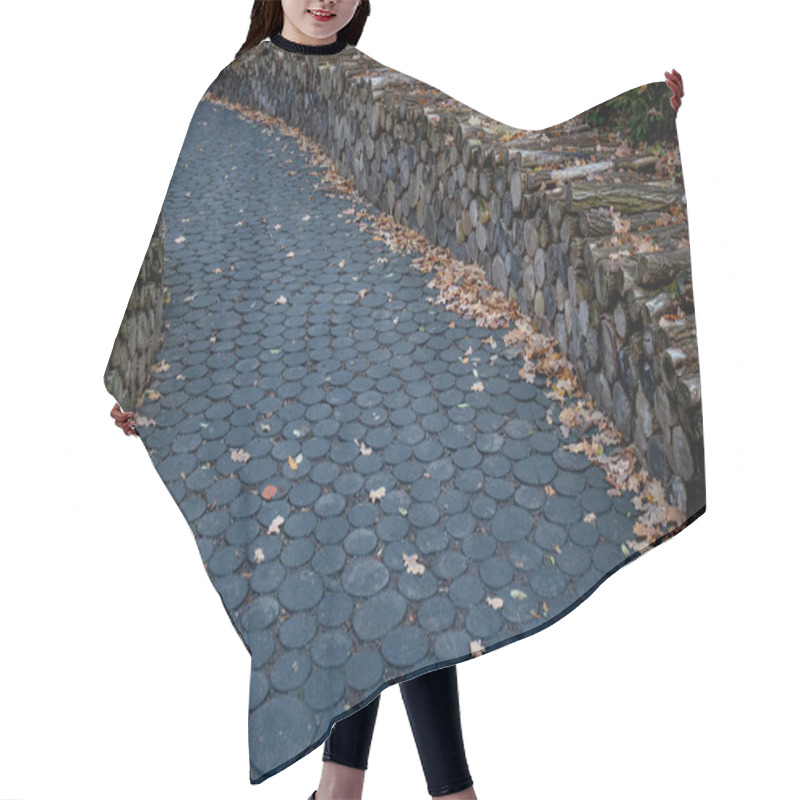 Personality  Autumn Landscape Of Curved Footpath Paved With Round Timber Pieces Covered With Fall Leaves. Wood Stump Cross Sections Texture. Cracked Tree Logs On Ground. Autumn Backdrop. Fall Season Background Hair Cutting Cape