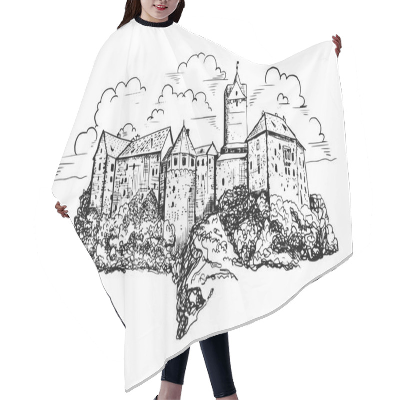 Personality  Czech Castle Sketch Illustration. Hand Drawn Ink Landscape With Ancient Architecture In Europe. Building Graphic Hair Cutting Cape