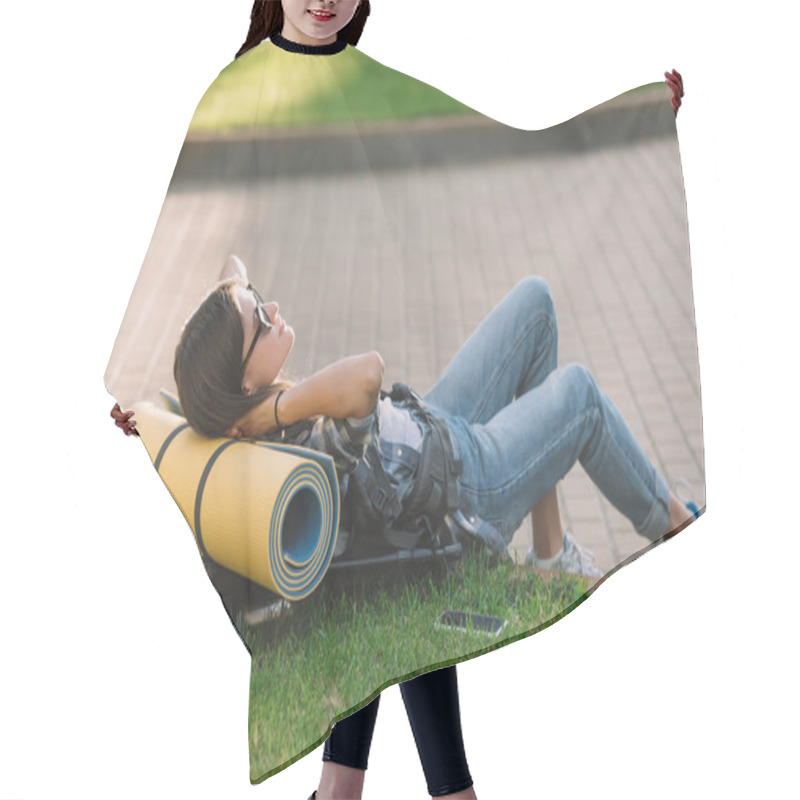 Personality  Young Woman In Sunglasses Lying With Backpack On Grass Hair Cutting Cape