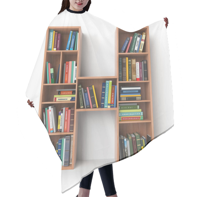 Personality  Letter H. Alphabet In The Form Of Shelves With Books Isolated On Hair Cutting Cape