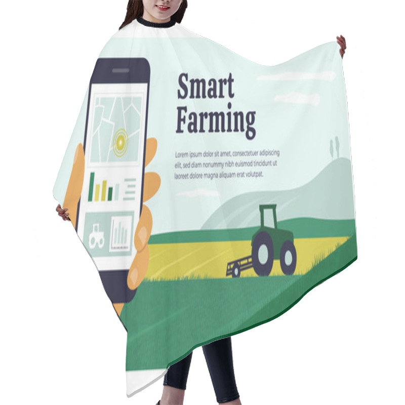 Personality  Smart Farming Layout Template. Human Hand Holding Smartphone With Map, Chart, Graph, Controlled Tractor Plowing Agricultural Field. Innovation Technology In Agriculture. Farm Land Vector Illustration Hair Cutting Cape