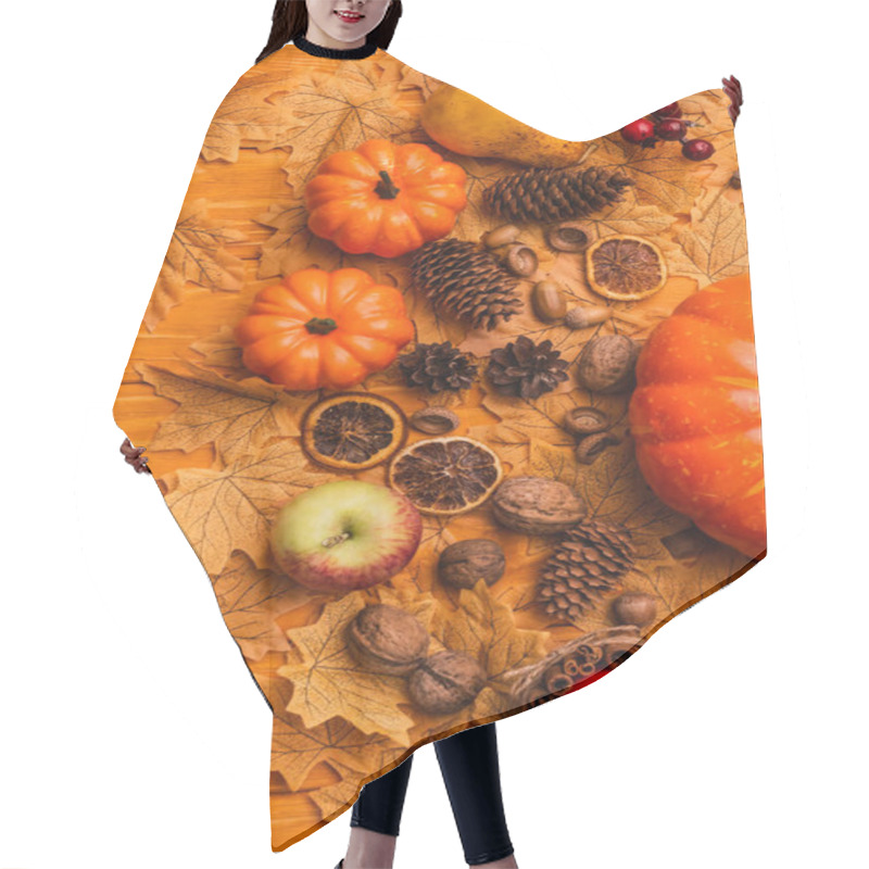 Personality  Top View Of Burning Candle With Autumnal Decoration On Wooden Background Hair Cutting Cape