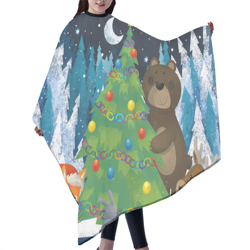 Personality  Winter Scene With Forest Animals Reindeers Bear Fox And Owl Near Christmas Tree - Traditional Scene - Illustration For Children Hair Cutting Cape