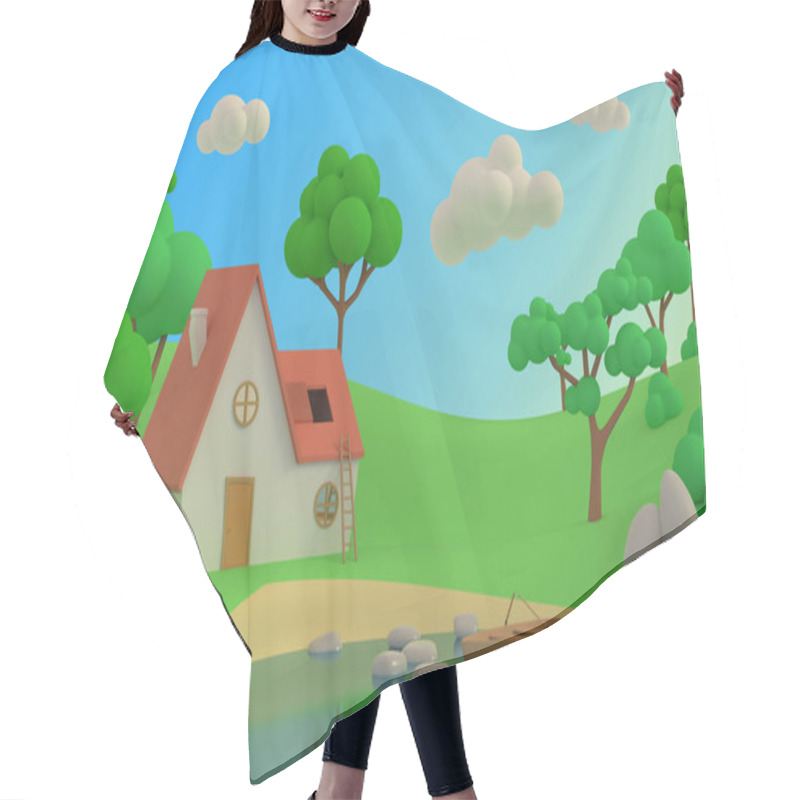 Personality  Cartoon House On The Lake Or River On A Background Of Trees. 3D  Hair Cutting Cape