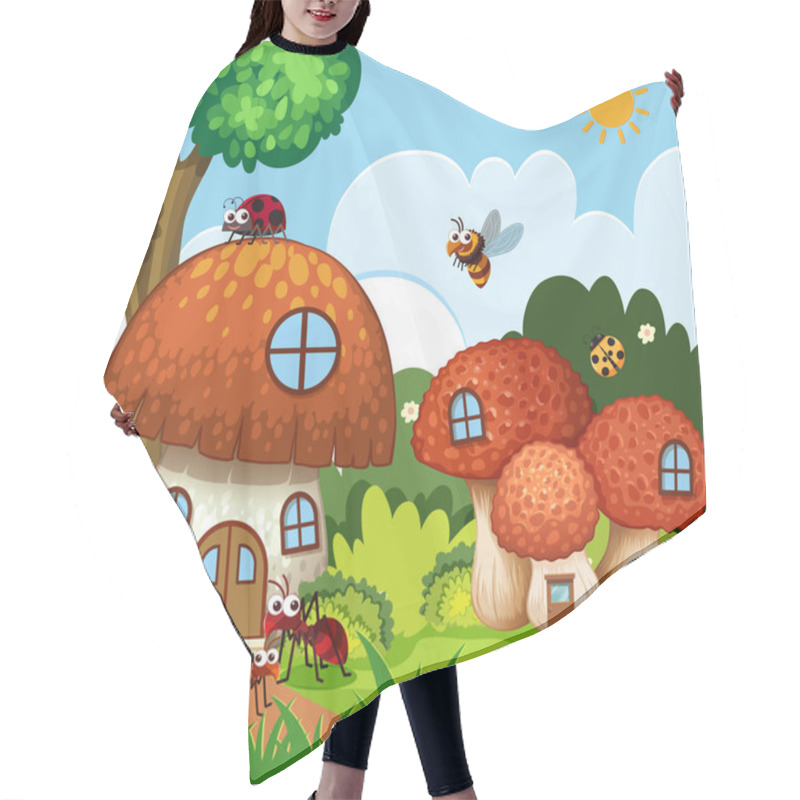 Personality  Many Insects Flying Around Mushroom House In Garden Hair Cutting Cape