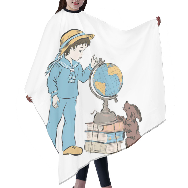 Personality   Boy With Dog Study Model Of The Globe Standing On The Stack Of Books. Schoolboy Dressed In Sailor Suit And Straw Hat. Retro Clip Art.  Hair Cutting Cape