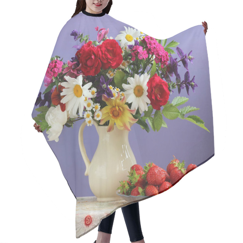 Personality  Bouquet Of Garden Flowers In A Jug And Strawberries. Hair Cutting Cape